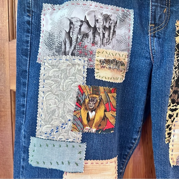 Levi’s 505 strght leg 14 S patchwork, hand, stitched jeans, safari jungle design - Picture 2 of 11